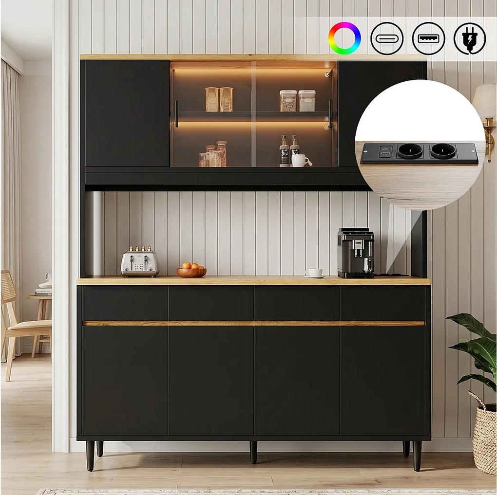 Wysoka komoda 160 × 40 × 185 cm - z oświetleniem LED - 7 drzwi i 4 szuflady - gniazdko elektryczne i port USB - Czarny i naturalny