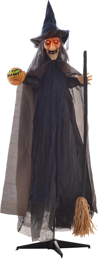 HOMCOM Dekoracja na Halloween Czarownica z miotłą, świecące oczy, straszne dźwięki, elastyczne ramiona, 107x65x190 cm
