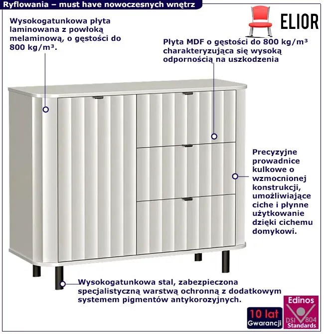 Biała komoda ryflowana z 3 szufladami N5-F65