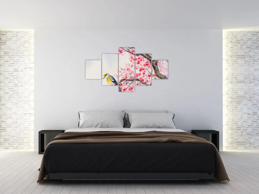 Obraz - ptak na drzewie z czerwonymi kwiatami (125x70 cm)