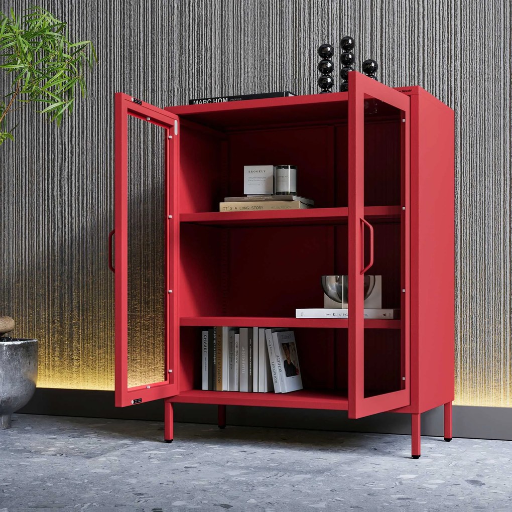 Witryna przeszklona niska czerwona: Modern GINA, 800 x 1015 x 400 mm