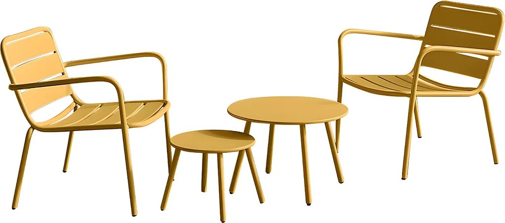 Zestaw ogrodowy z metalu - 2 niskie fotele sztaplowane i wysuwane stoliki - Żółty musztardowy - MIRMANDE marki MYLIA