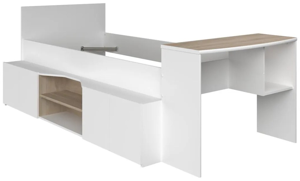 Łóżko piętrowe 90 x 190/200 cm z biurkiem i schowkami - Biały i naturalny + Stelaż + Materac - JOCHIANE