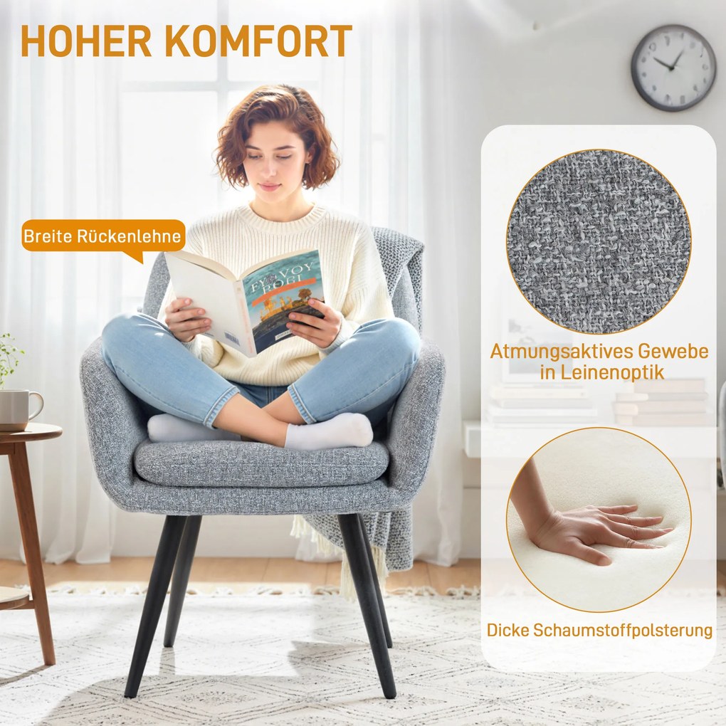 HOMCOM Nowoczesny fotel akcentowy, fotel tapicerowany z metalowymi nogami, imitacja lnu, jasnoszary