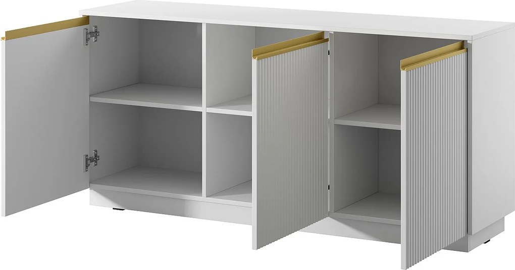Komoda: 3 drzwi, 6 półek, Biały Matowy, 153,4 cm x 71,6 cm x 39 cm