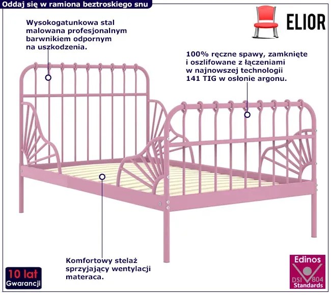 Różowe metalowe łóżko rosnące z dzieckiem 80x130/200 cm Ryxos