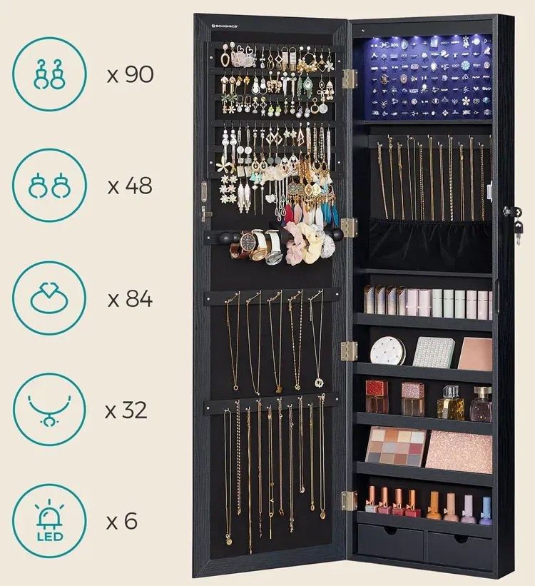 Czarna szafka na biżuterię z lustrem na drzwi F5-P77