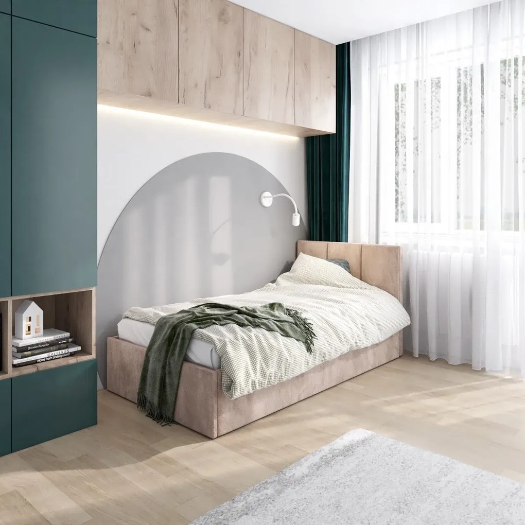 Łóżko młodzieżowe VIVO 80x200 beżowe z tapicerowanym panelem i pojemnikiem na pościel MKPOL