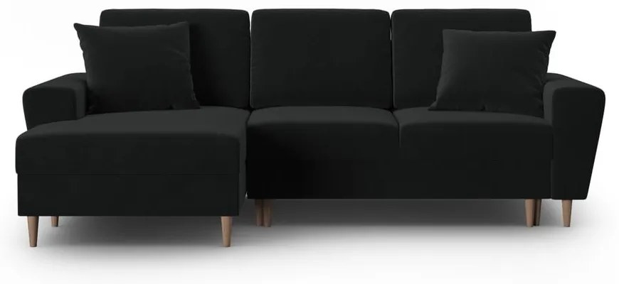 Czarny aksamitny rozkładany narożnik ze schowkiem (lewostronny/z szezlongiem) Kyoto – Cosmopolitan Design