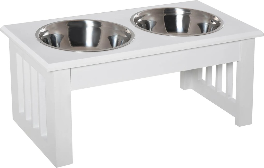 PawHut Podwyższony stojak na miski dla psów z podwójną miską dla psów i kotów - Stojak na miski o wymiarach 44D x 24S x 15W cm - 2 miski ze stali nierdzewnej o pojemności 0,9L w zestawie - biały