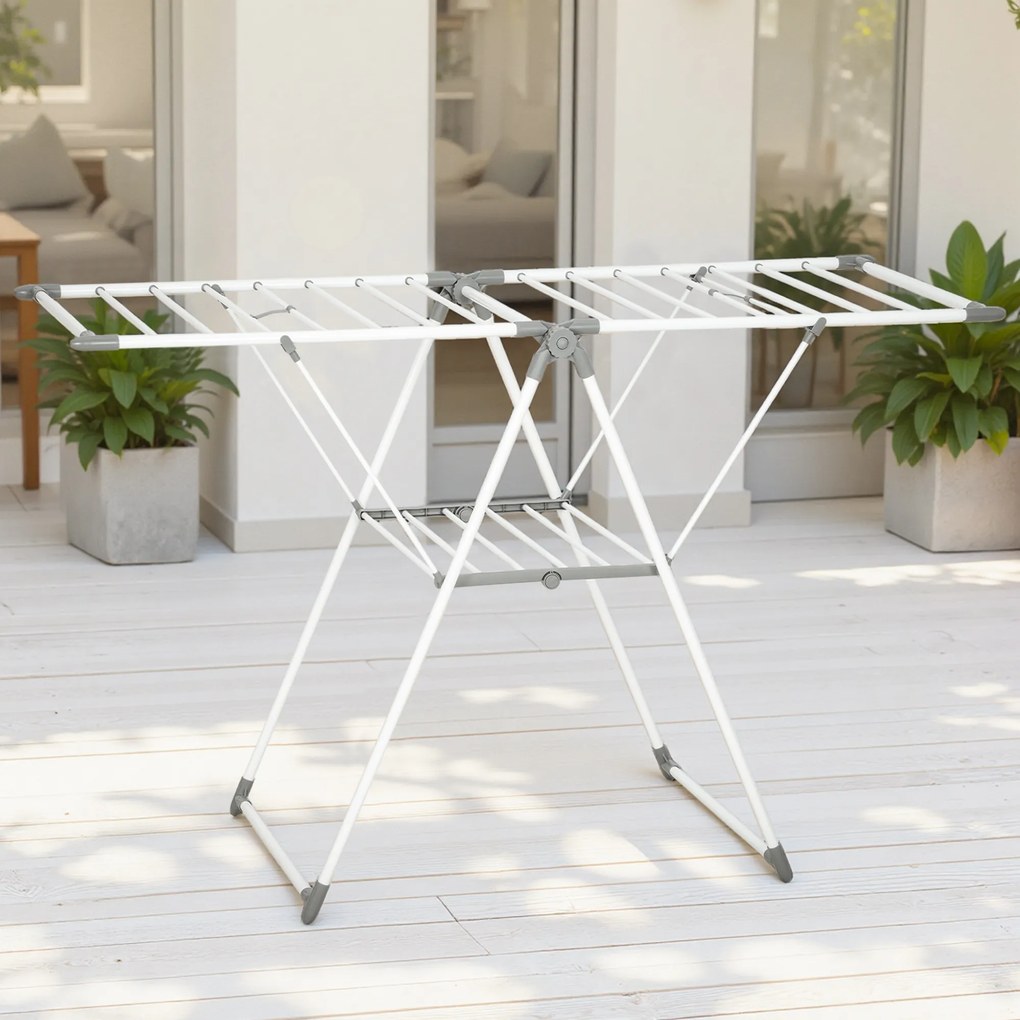 HOMCOM Suszarka stojąca 1,565 m długości suszenia, składana suszarka z 2 poziomami, regulowane skrzydła, suszarka skrzydłowa, Biała