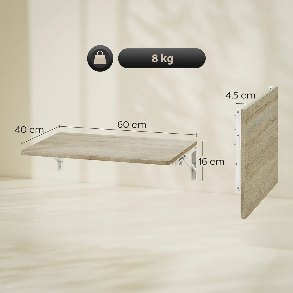 HOMCOM Składane biurko ścienne, 60x40 cm, oszczędzające miejsce wiszące biurko z zaokrąglonymi narożnikami, do home office, salonu, sypialni, kuchni, dąb