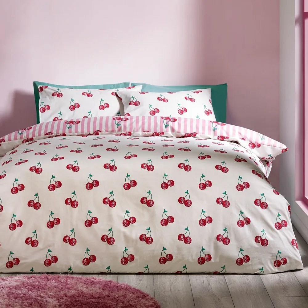 Biało-różowa pościel dwuosobowa 230x220 cm Disco Cherries Stripes – Catherine Lansfield