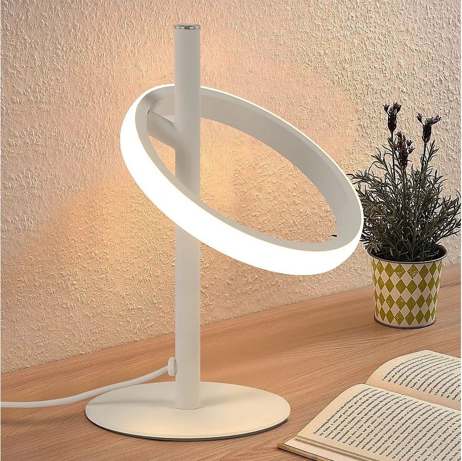 NETTLIFE Nowoczesna Lampa Stołowa LED - Biały Kształt Pierścienia Lampka Nocna Obrót Zdejmowane Pierścienie 13W 3000K Ciepła Biel