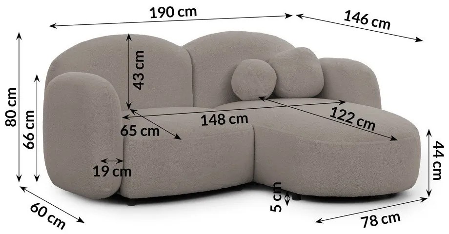 Szary narożnik z materiału bouclé (prawostronny/z szezlongiem) Orbit – Ropez