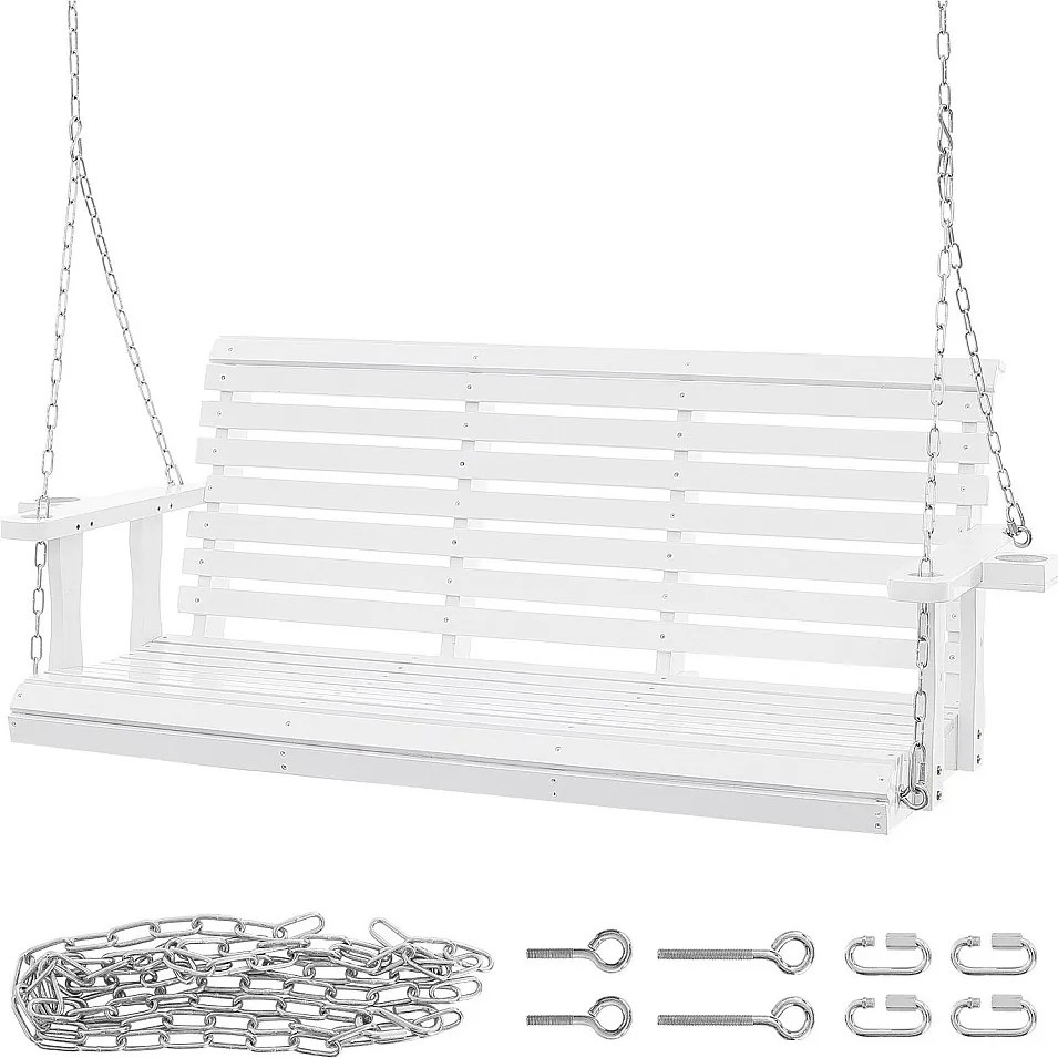 Huśtawka na Przedpokój SucceBuy, z Drewna o Długości 165 cm,Krzesło Zawieszone do Ogrodu, Patio lub Tarasu, Biały