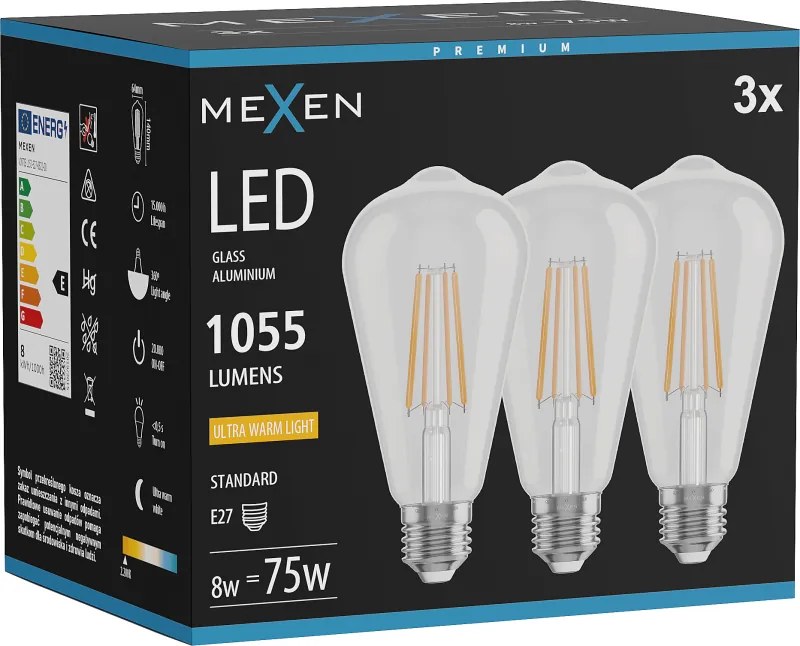 Mexen Vintis 3x żarówka filament LED E27, ST64, 8W, Ciepła - 2200K, 1055 lm, clear - L152-E27-0822-00x03
