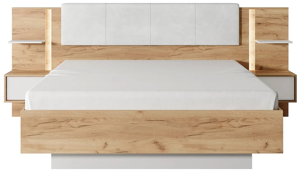 Łóżko z szafkami nocnymi 160 x 200 cm - Z oświetleniem LED - Naturalny i biały + Stelaż - ELYNIA