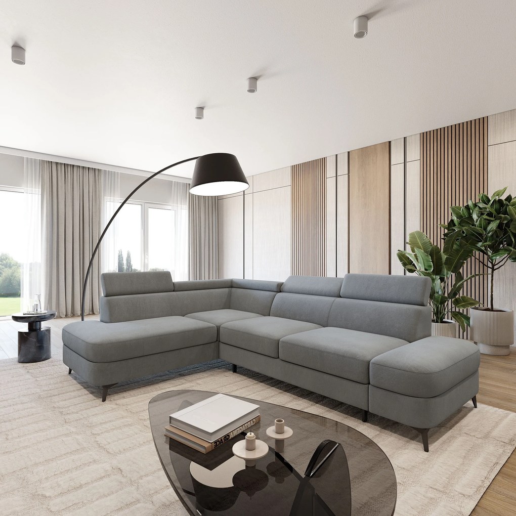Masseno Narożnik AVISE z funkcją spania i pojemnikiem na pościel Narozniki L, Rozkładana sofa - Szary, MATT VELVET 85