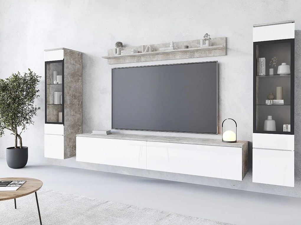 Zestaw mebli do salonu z LED 4 elementy – szafka RTV 180 cm, 2 witryny i półka, stojąca lub wisząca, korpus beton mat, fronty biały połysk
