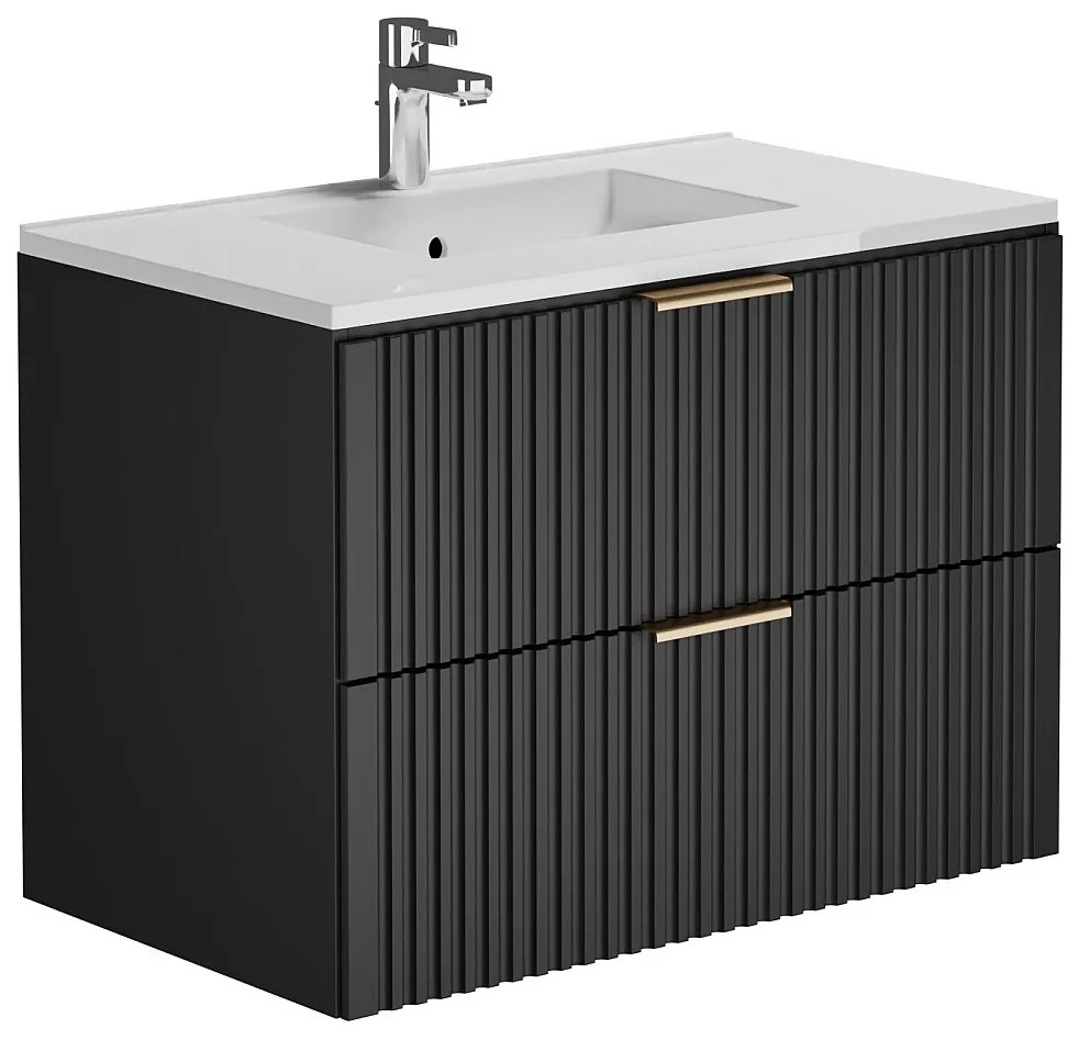 Szafka łazienkowa wisząca  ryflowana z umywalką wpuszczaną w blat - Czarny - 80 cm - ZEVARA