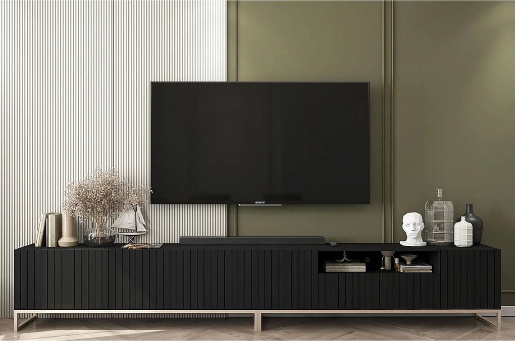 Szafka RTV z 7 drzwiami i wnęką – korpus czarny mat, fronty ryflowane czarne matowe – 300 cm, rama metalowa