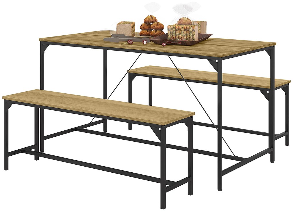 HOMCOM Zestaw jadalniany, Stół & 2 Ławki, Design Industrialny, Rama Stalowa, Dekor Drewniany/Czarny