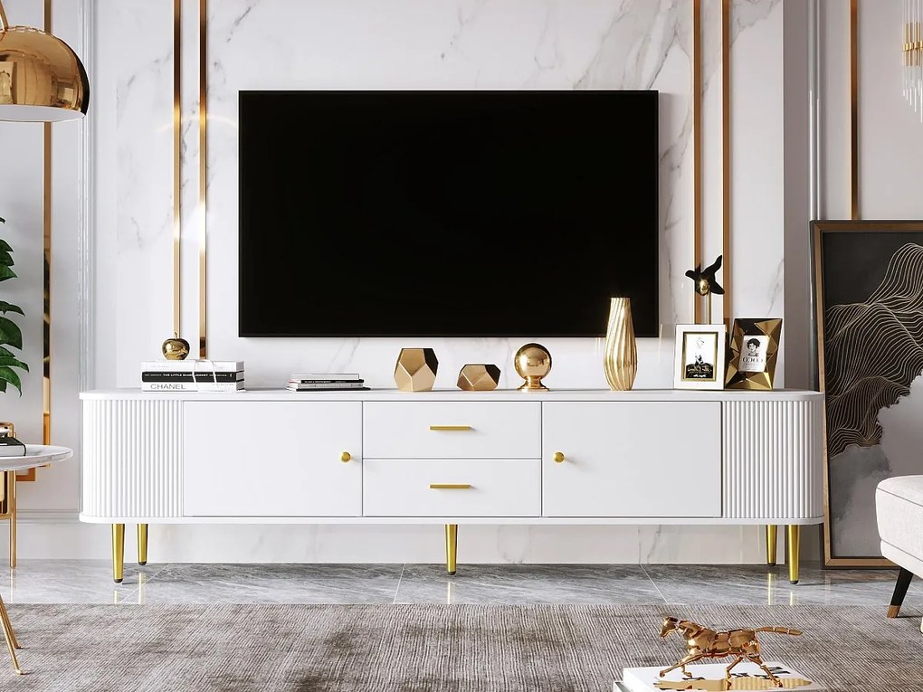 Meble TV L 170cm - 2 szuflady i 2 drzwi - złote uchwyty i nogi - Biały
