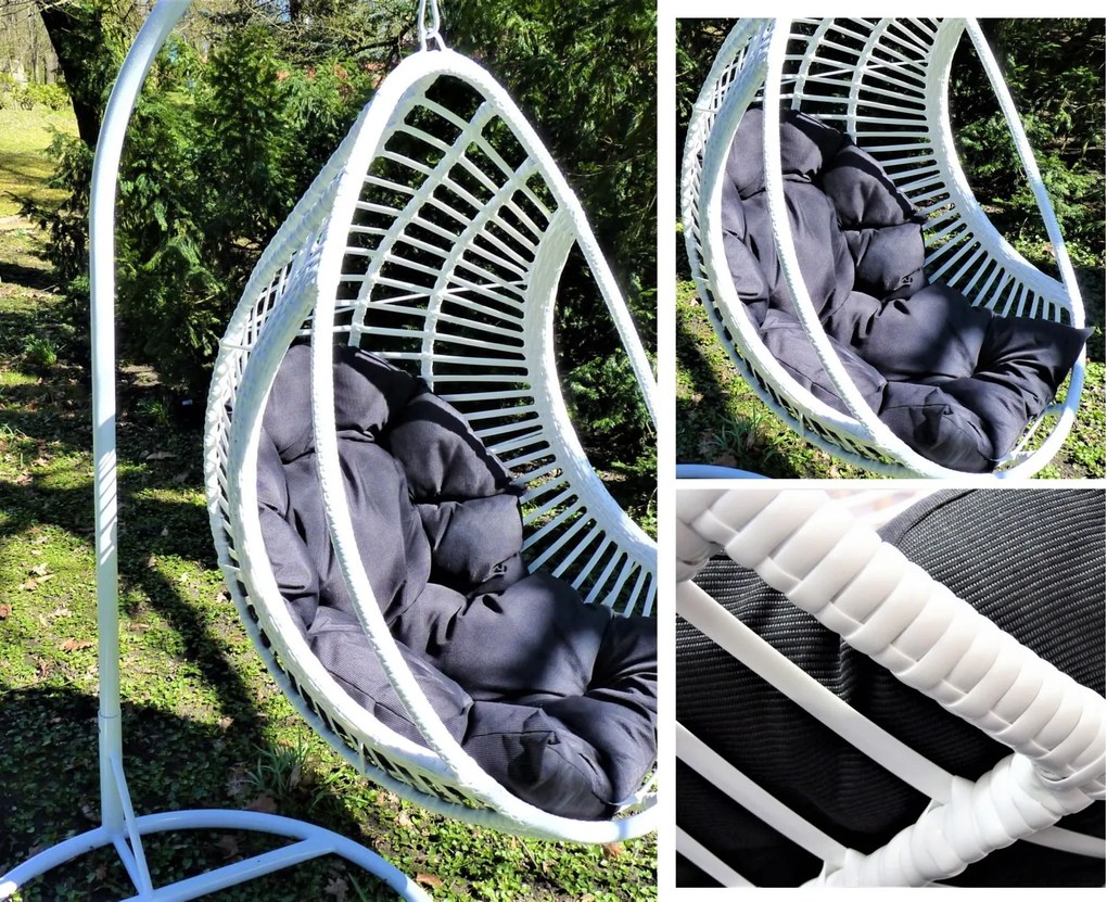 Biały kokon technorattanowy Bellissimo z szarą poduszką