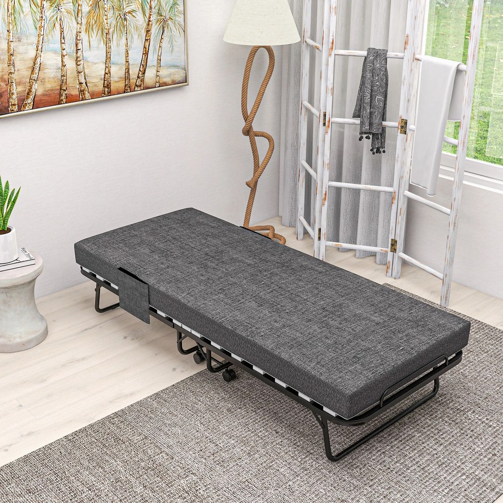 HOMCOM Łóżko Składane, Materac, 4 Koła, Stelaż Metalowy, do 150 kg, 190 x 80 x 42 cm, Ciemnoszary