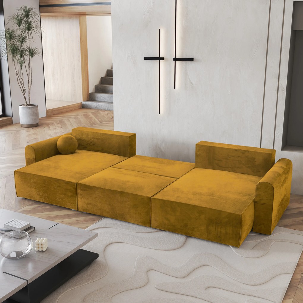 Masseno Narożnik FENTO z funkcją spania i pojemnikiem na pościel Narozniki U, Rozkładana sofa - Żółty, MONOLITH 48