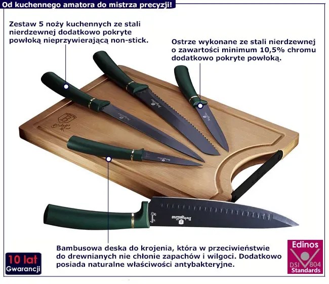 Komplet 5 zielonych noży z bambusową deską do krojenia M0-D49