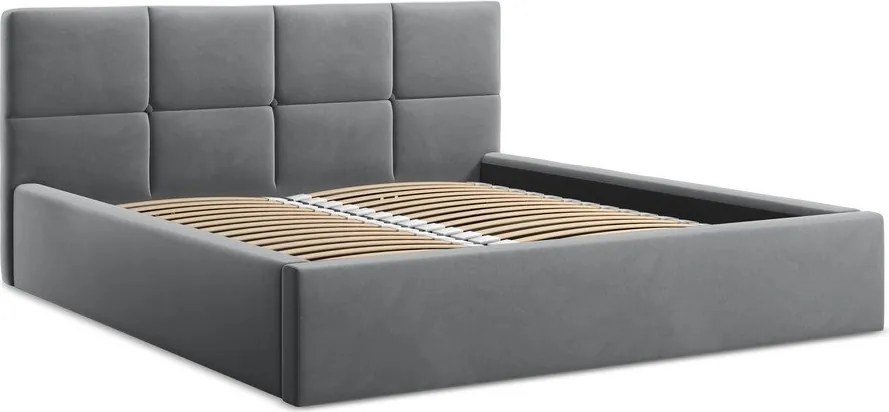 Ciemnoszare aksamitne tapicerowane łóżko dwuosobowe ze schowkiem ze stelażem 140x200 cm Hiko – Makamii