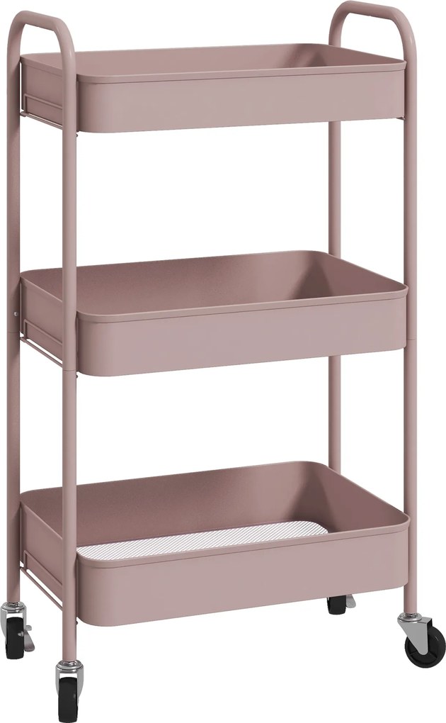 HOMCOM Wózek Wielofunkcyjny, Wózek Kuchenny, 3 Półki, 4 Kółka, 45 cm x 30,6 cm x 79 cm, Różowy