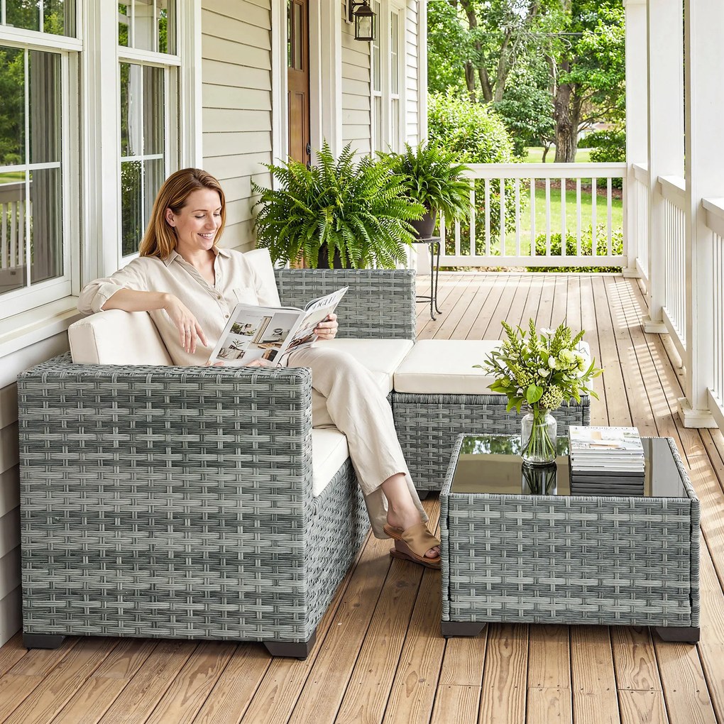 Outsunny Zestaw mebli ogrodowych polyrattan 5 elementów narożna sofa z podnóżkiem i stolikiem kawowym kremowy szary | Aosom PL