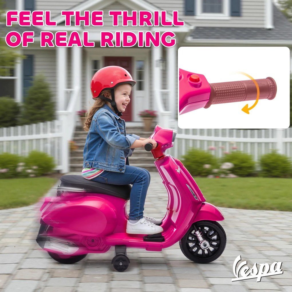 AIYAPLAY Elektryczny Motocykl Dziecięcy Vespa 6V z Bocznymi Kółkami, Reflektorami i Klaksonem, Różowy, 71 x 37 x 52 cm, Dla Dzieci 2-6 Lat | Aosom PL