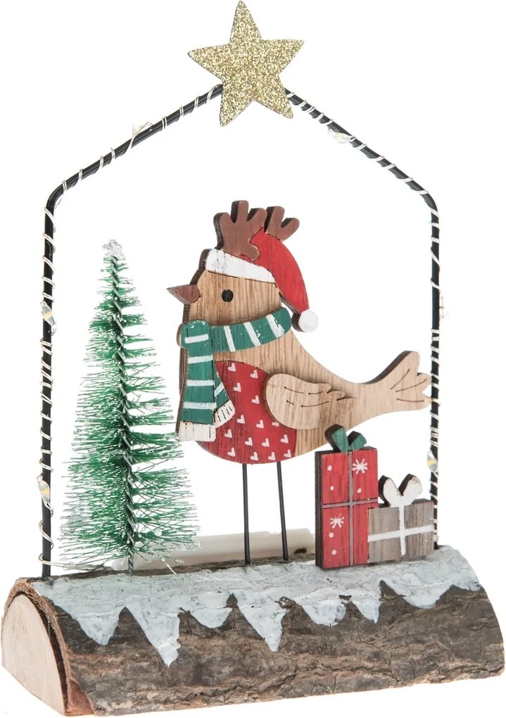 Drewniana dekoracja z oświetleniem LED Ptaszek z prezentami, 15 x 13,5 cm