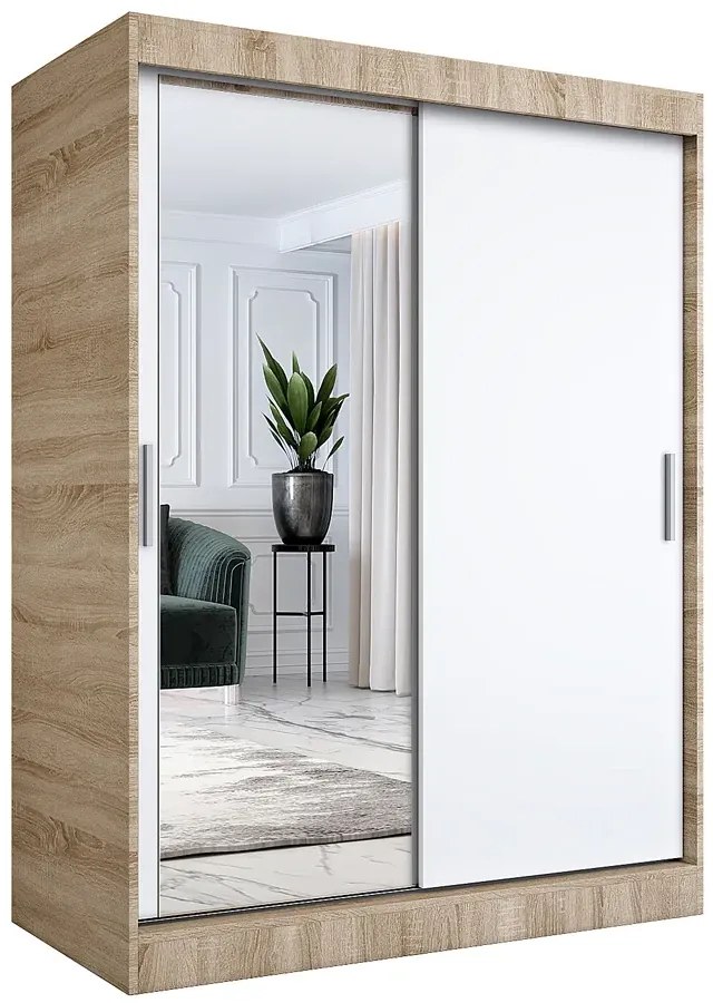 Szafa przesuwna z lustrem 150 cm dąb sonoma + biały - Seko 4X