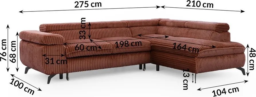 Sztruksowy narożnik w kolorze terakoty (prawostronny/w kształcie litery L) Marbeya – Ropez