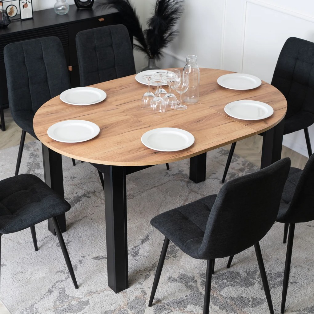 Zestaw Stół Okrągły Rozkładany HARRY 102-142 cm Dąb Craft/Czarny i 6 Krzeseł Tapicerowanych PERU 2 Czarnych Nowoczesnych