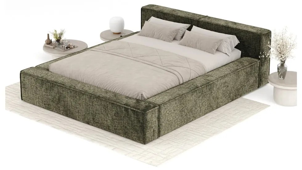 Ciemnozielone tapicerowane łóżko dwuosobowe ze schowkiem i stelażem 160x200 cm Voliera – Maison de Rêve