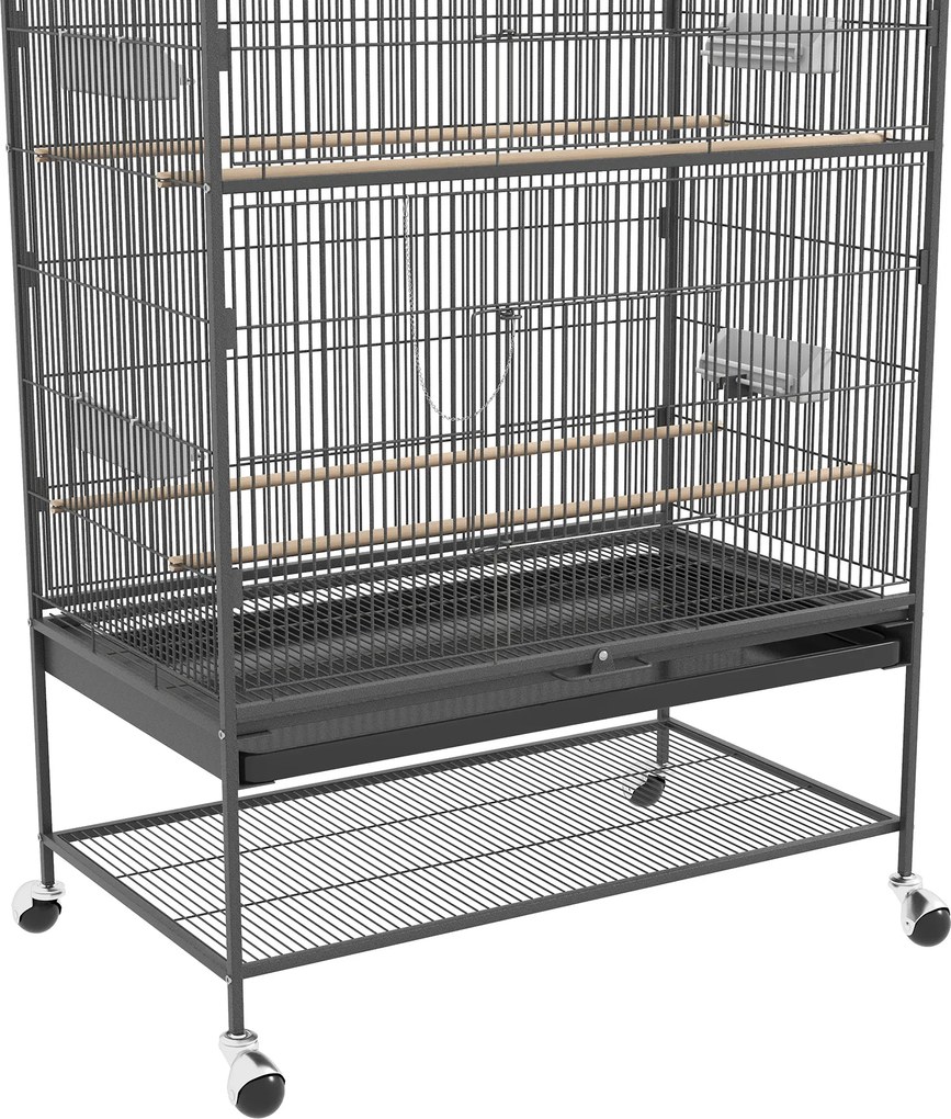 PawHut Klatka dla ptaków z drążkami siedziskowymi, zabawkami dla ptaków, wyjmowaną tacą na dnie, 1 półka, Szary