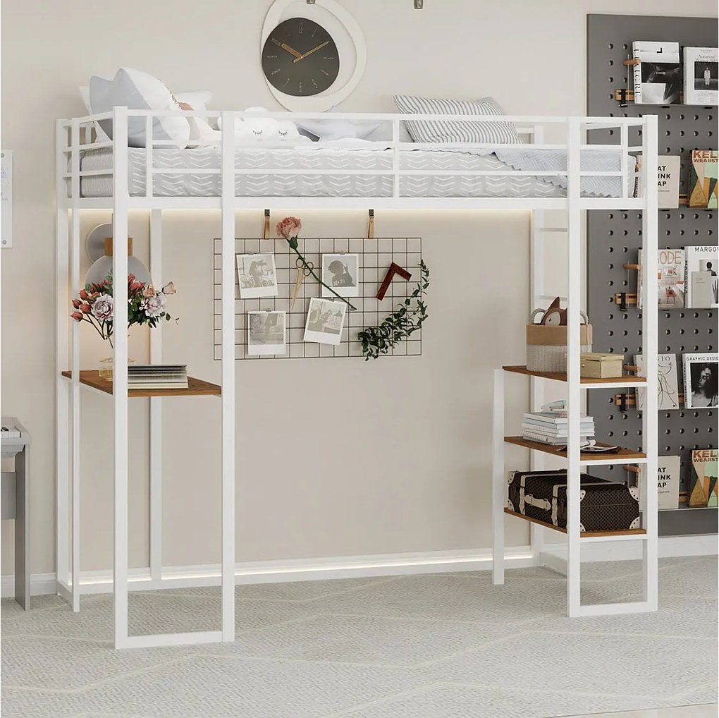 Łóżko piętrowe 90x190 cm - Łóżko młodzieżowe z biurkiem i półkami - białe - materac nie jest wliczony w cenę