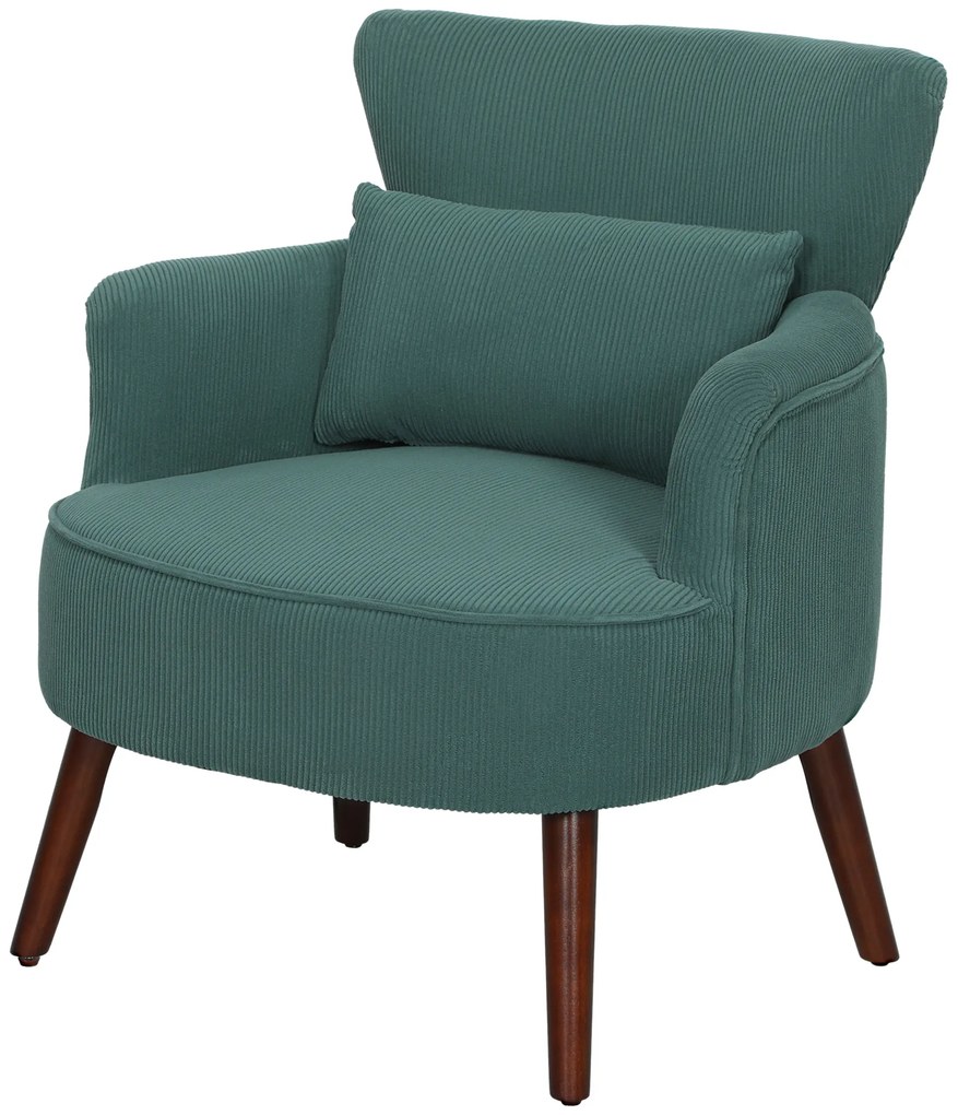 HOMCOM Nowoczesny Fotel z Podłokietnikami, Tapicerowany Fotel Akcentowy z Poduszką Lędźwiową, Nogi z Drewna Kauczukowego, Ciemnozielony