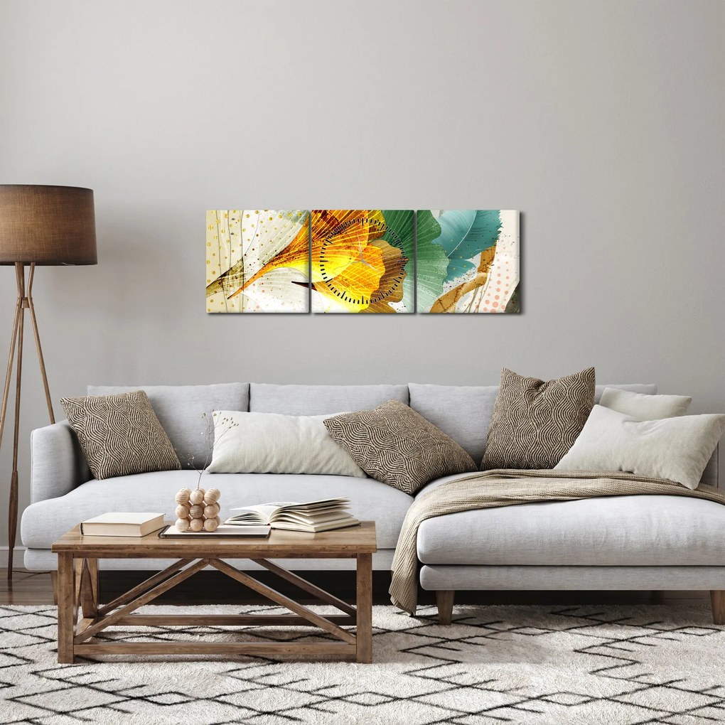 Obraz - Liście (z zegarem) (90x30 cm)