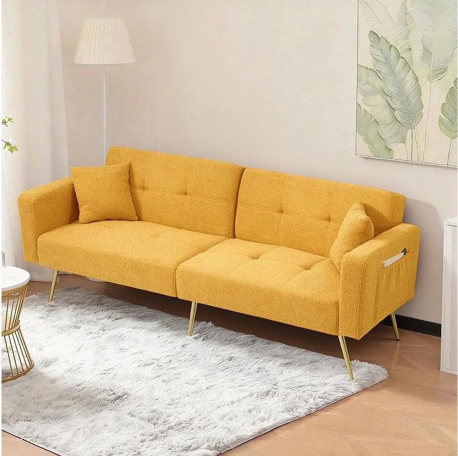 Sofa 2-osobowa z funkcją spania z mechanizmem klik-klak w tkaninie Sherpa - 175 x 64 x 72 cm - Złote nogi - Żółty