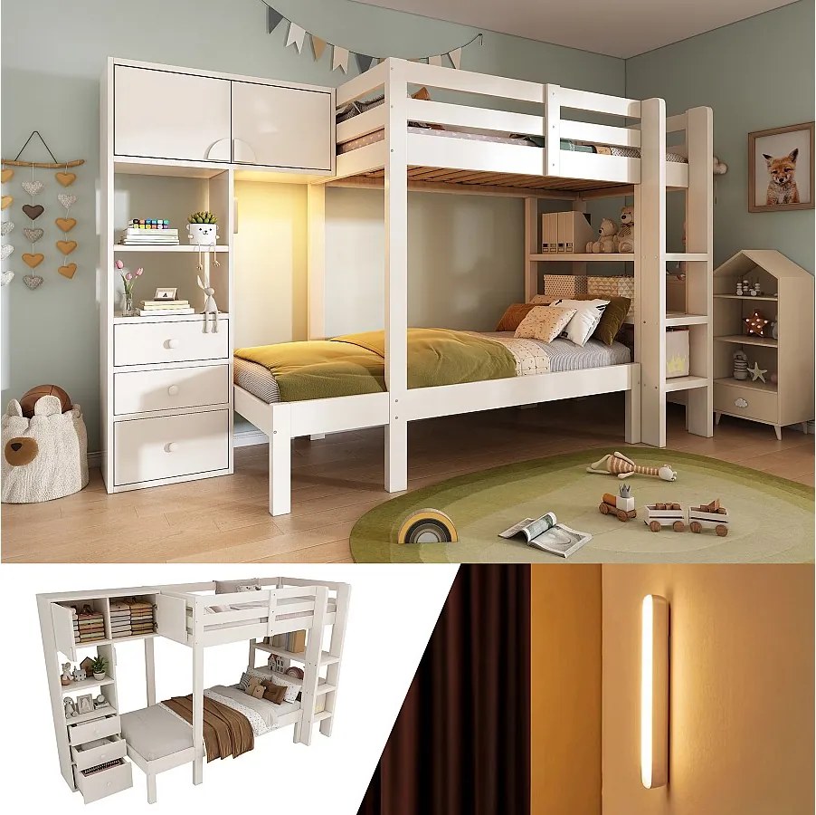 Łóżko piętrowe dla dzieci - 90 x 200 cm - z lampką nocną + szafa + półka + 3 szuflady - drewno + metal - białe
