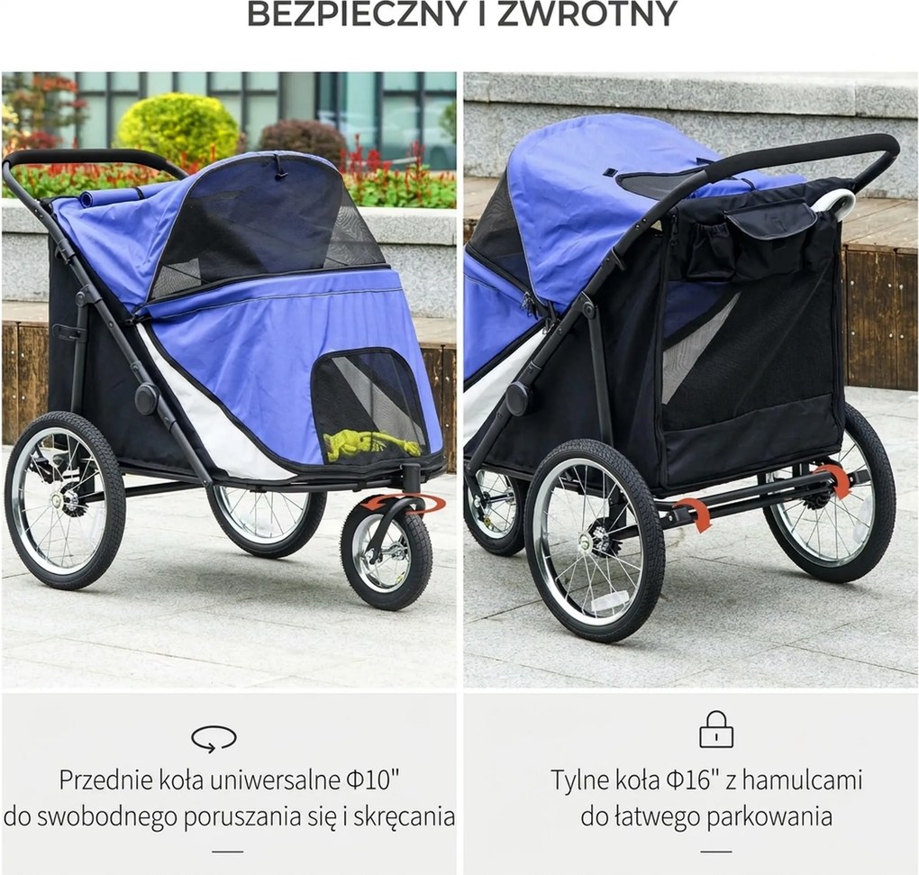 Outsunny wózek dla psa składany wygodny transporter dla zwierząt z otwieranym dachem poduszka niebieski czarny | Aosom PL
