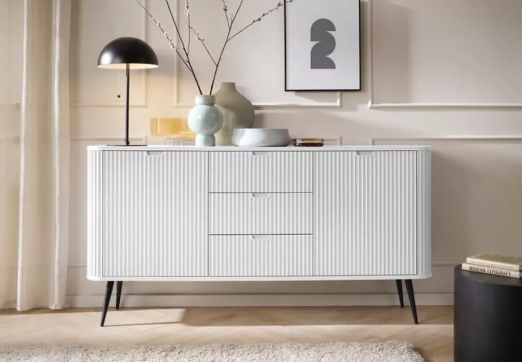 Komoda nowoczesna Fulgeo 168cm szuflady szafki ryflowana loft glamour czarna kaszmir biała