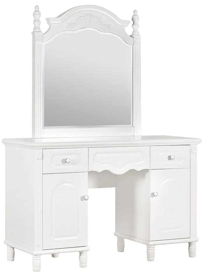 Susanne. Elegancka biała toaletka z ozdobnym lustrem, wymiary 120x45x163 cm. Ma pojemne szafki i szufladki. Kolekcja białych mebli Victoria.
